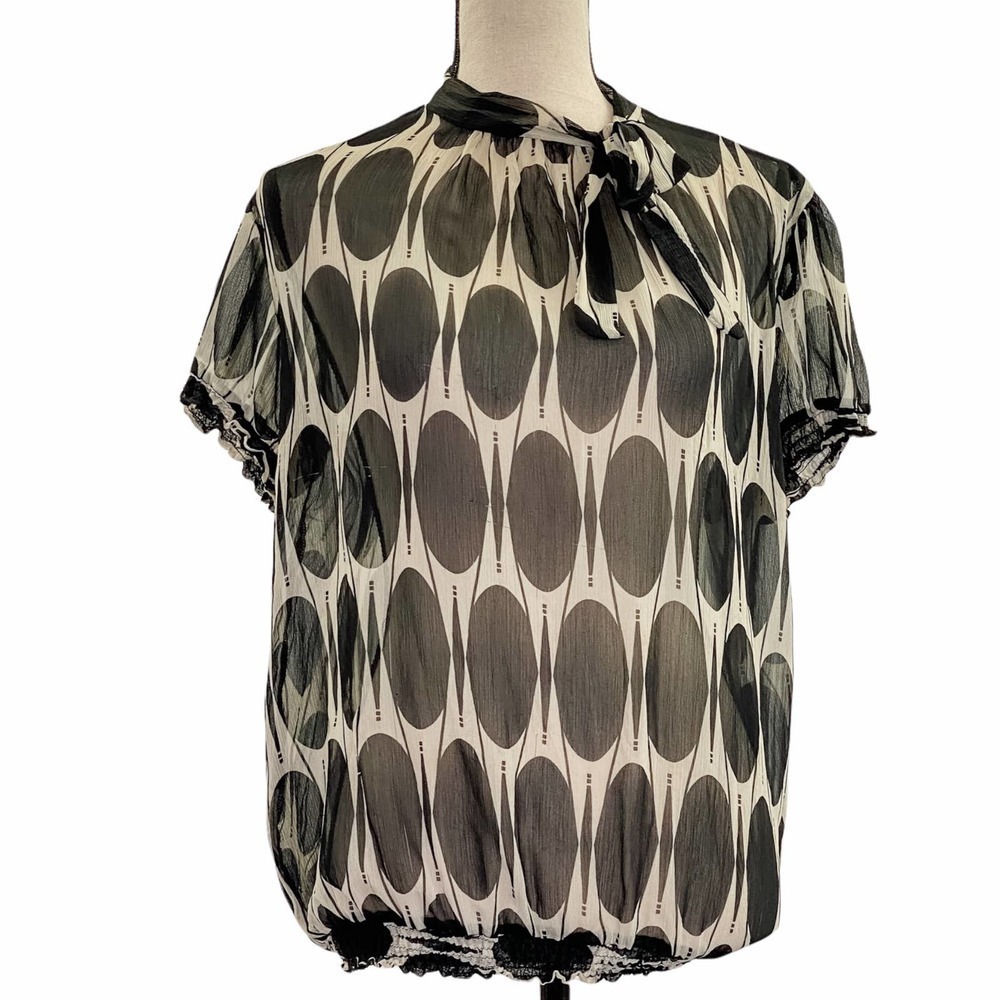 CHARLOTTE Russe Sheer Short Sleeve Geometric Print Tie Neck Smocked Waist Blouse